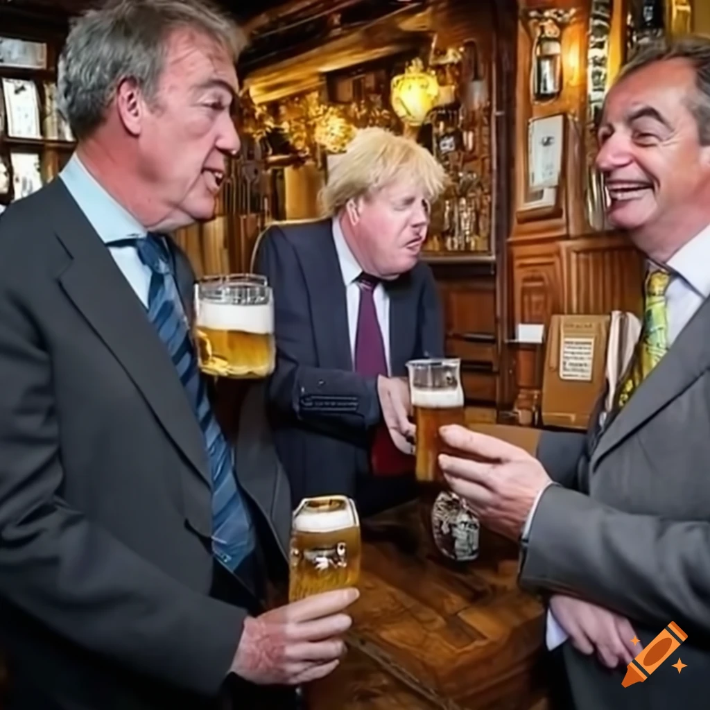 Jeremy Clarkson, Boris Johnson, and Nigel Farage in an English pub