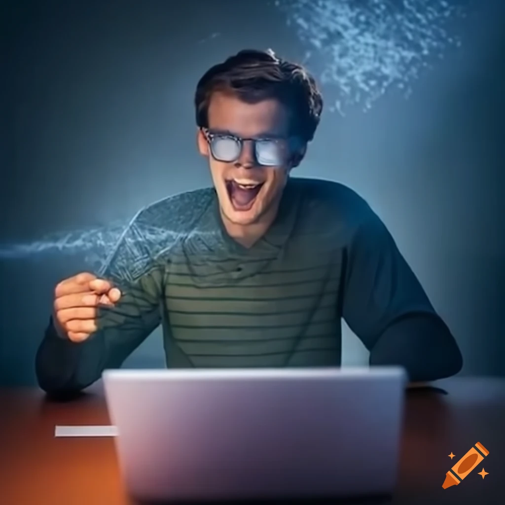 Man winning a sports bet using computer analysis spreadsheet on Craiyon