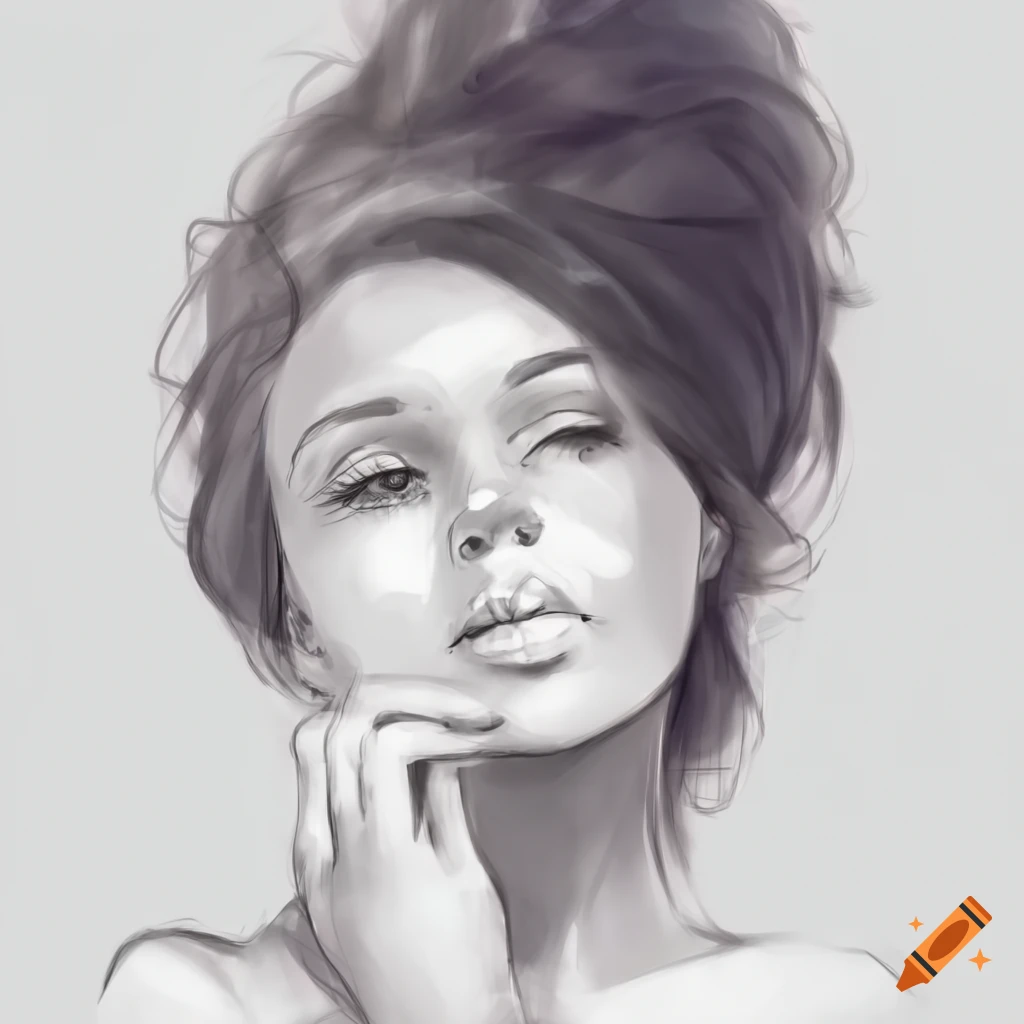 Beautiful woman with hand on chin and crossed arm in sketch style on ...