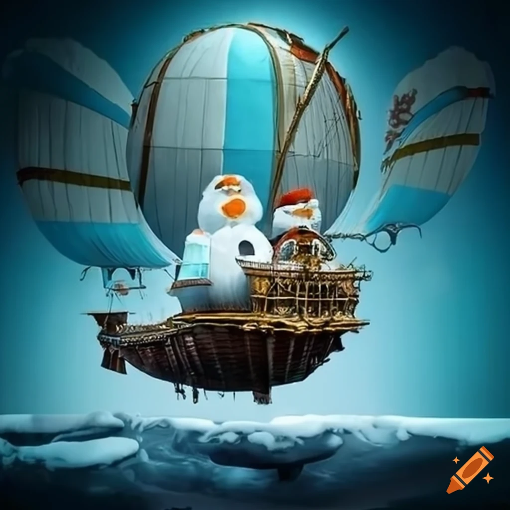 Steampunk airship among snowmen in a whimsical setting