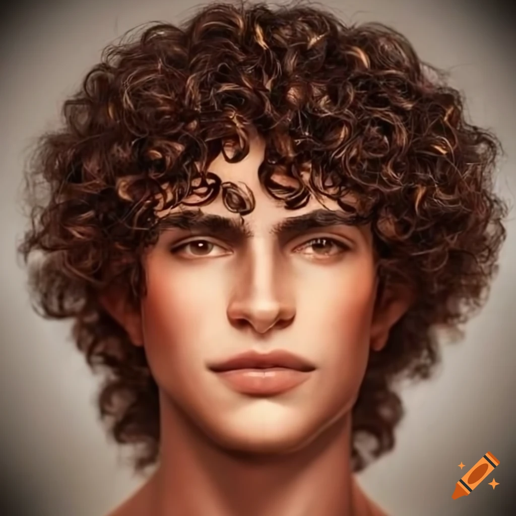 Portrait of a handsome man with warm brown skin, curly bronze hair, and