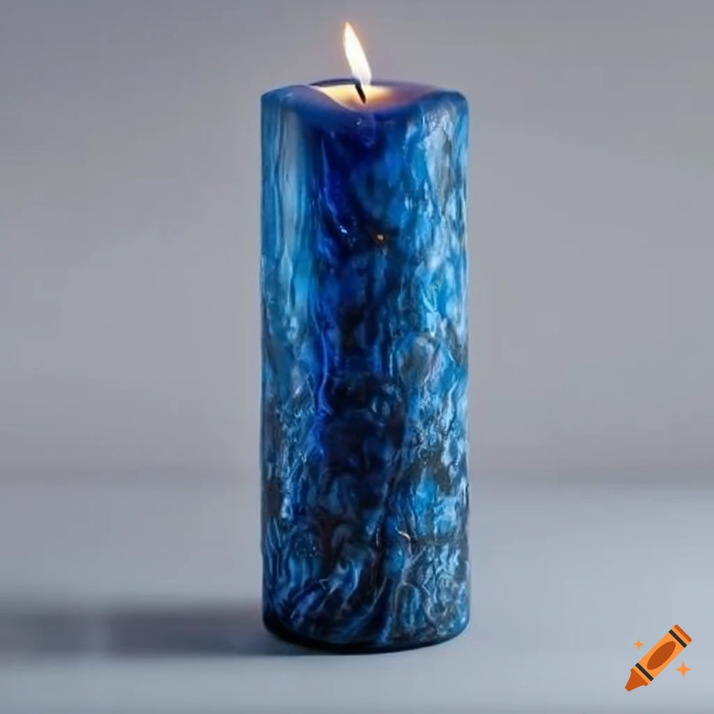Tall dark blue candle in decorative glass holder on white background