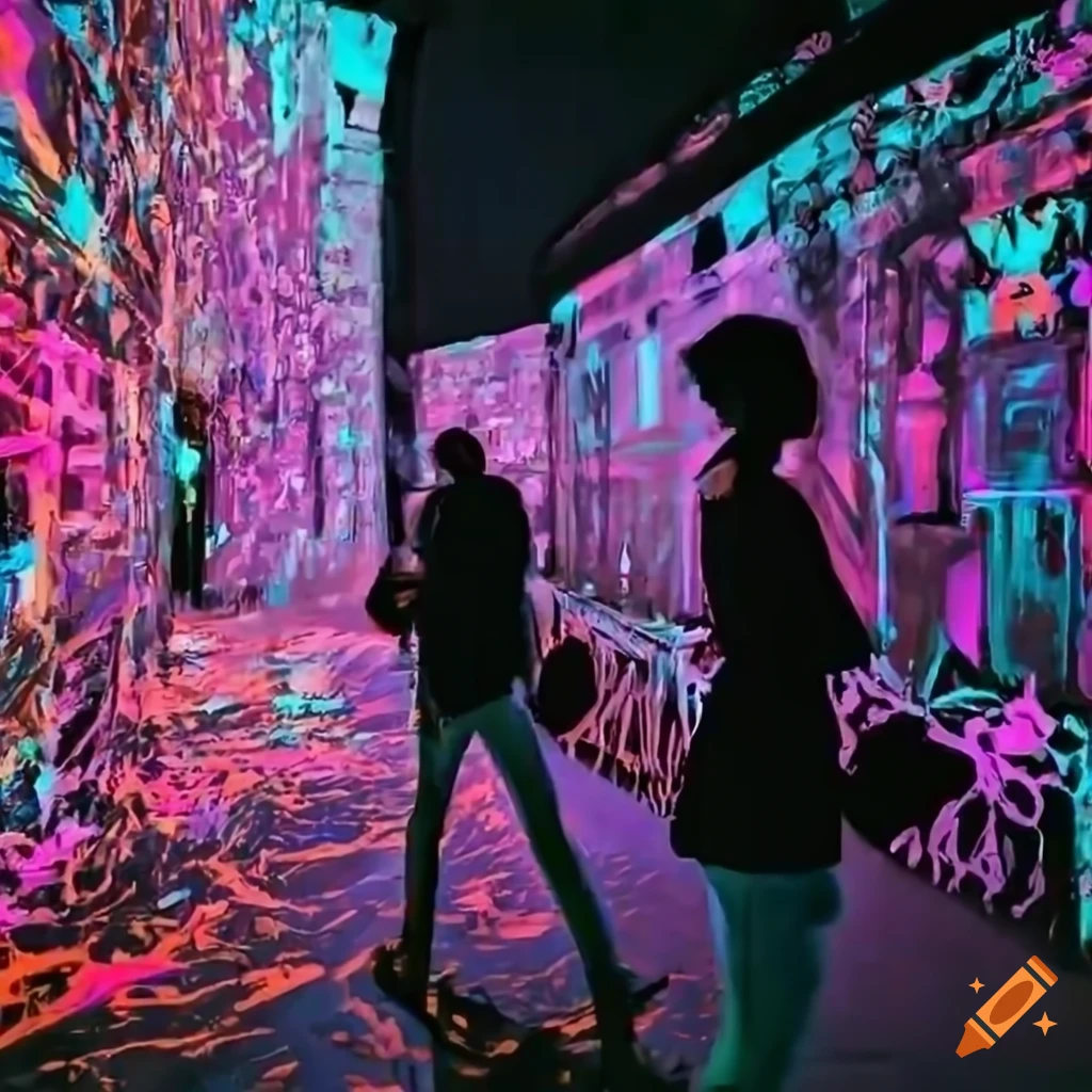 People viewing a digital art exhibition on the street on Craiyon