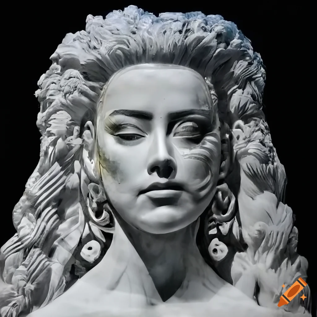 Roughly carved white marble sculpture of an intricately detailed