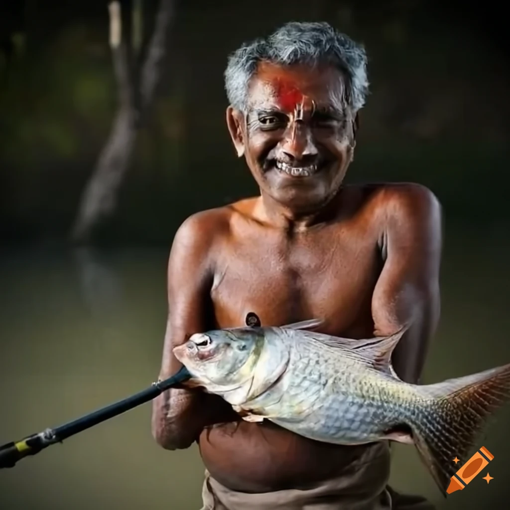Smiling bengali man holding a large fish and a fishing rod on Craiyon