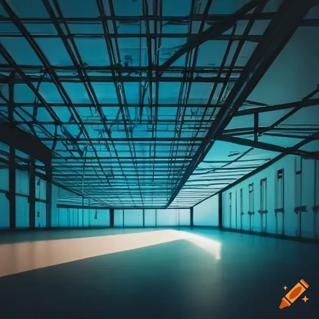 Infinite perspective hangar with glass ceiling and growing shadows on