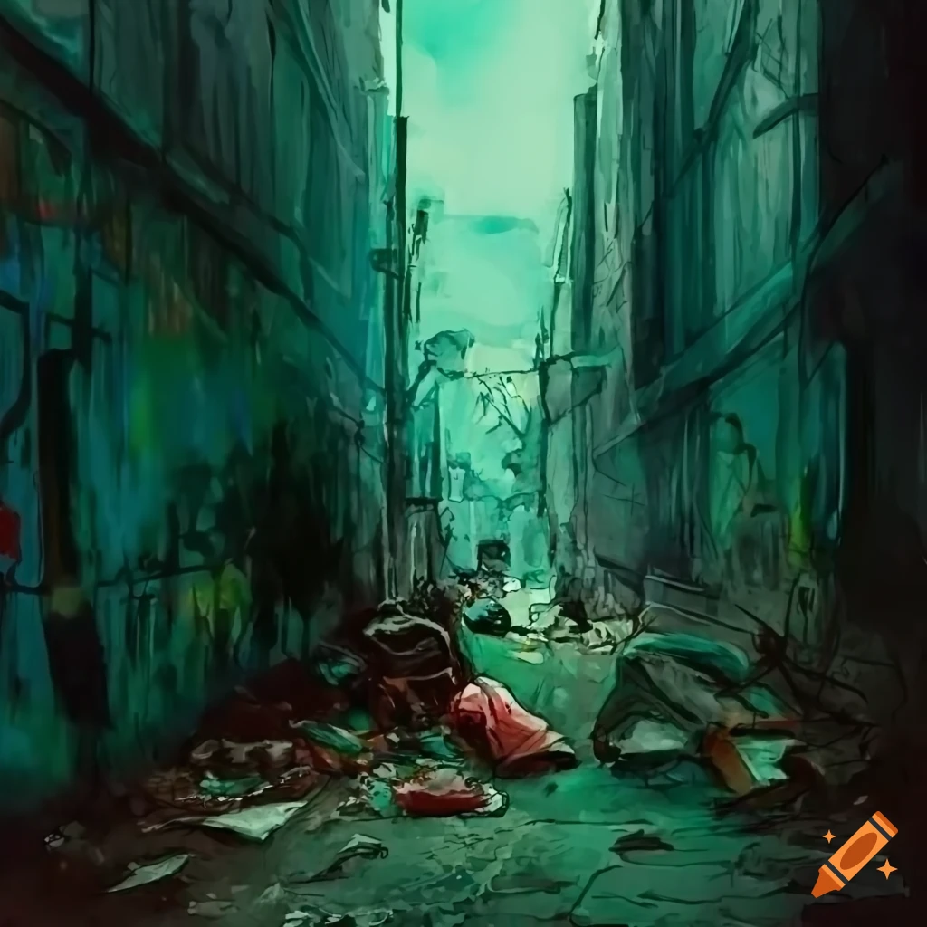 Watercolor of a gritty alleyway with trash and graffiti, with a homeless person in the distance