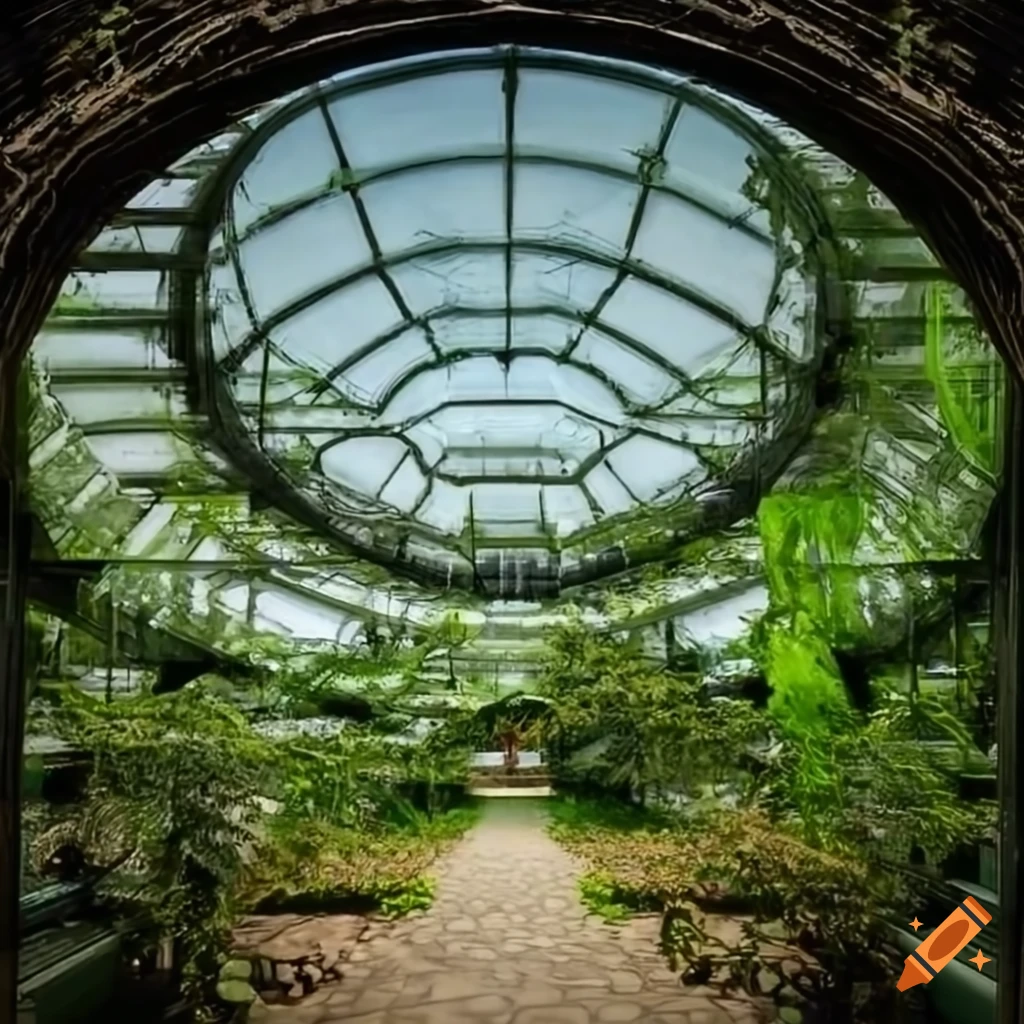 Infinite perspective of a glass hangar with lush plants in a symmetrical composition