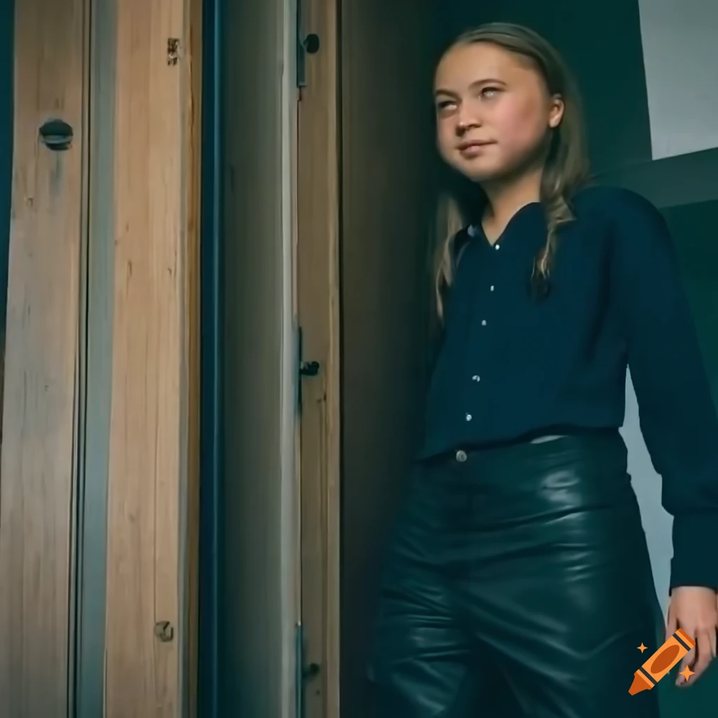 Young woman in country plaid shirt and high-waist black leather trousers peeping through farmhouse kitchen door