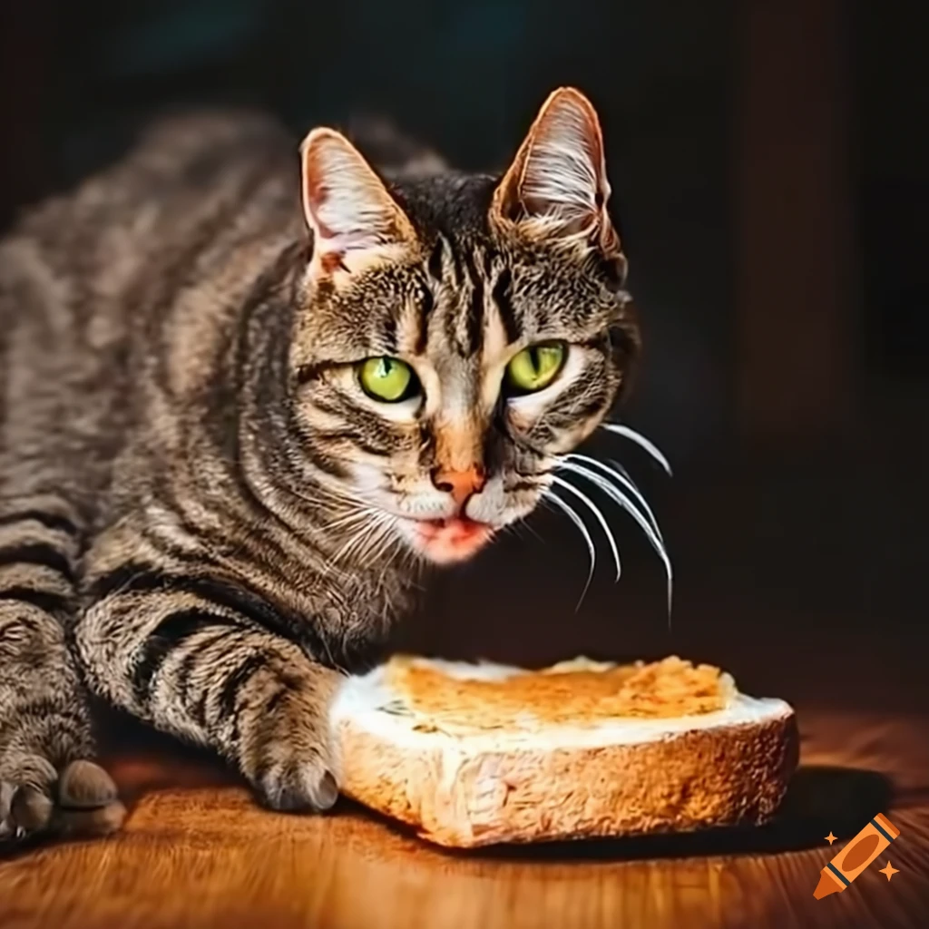 Beautiful cat eating bread on Craiyon