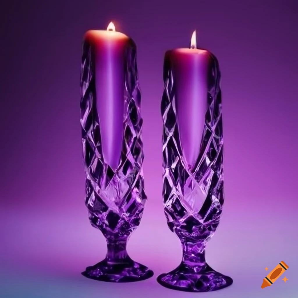 Tall purple candle in a decorative marquis cut glass holder on a white