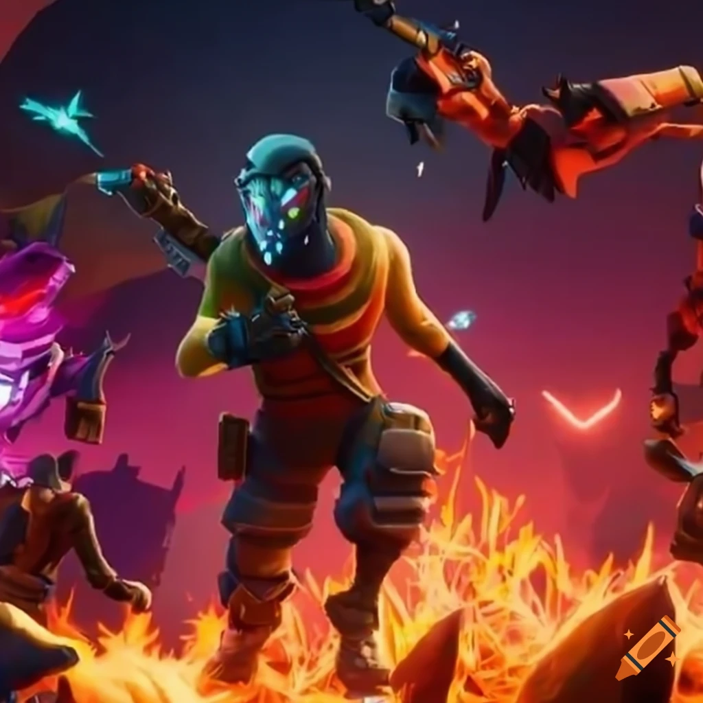 Lively group of Fortnite heroes battling on a battlefield