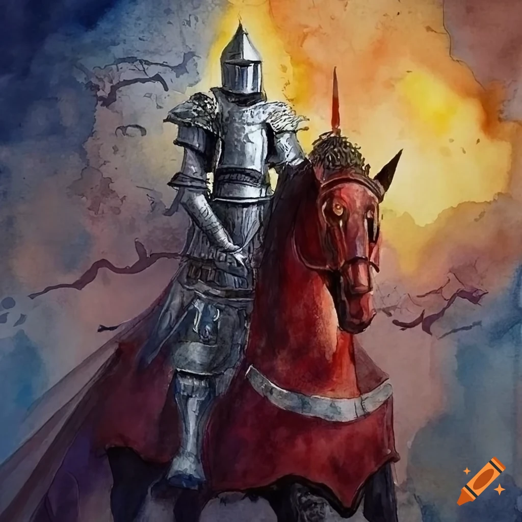 Gallant knight on a diabolical steed in a beautiful watercolor painting