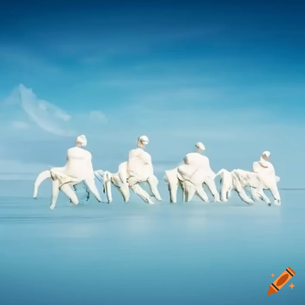 White plaster surfers riding a wave under a dramatic stormy sky