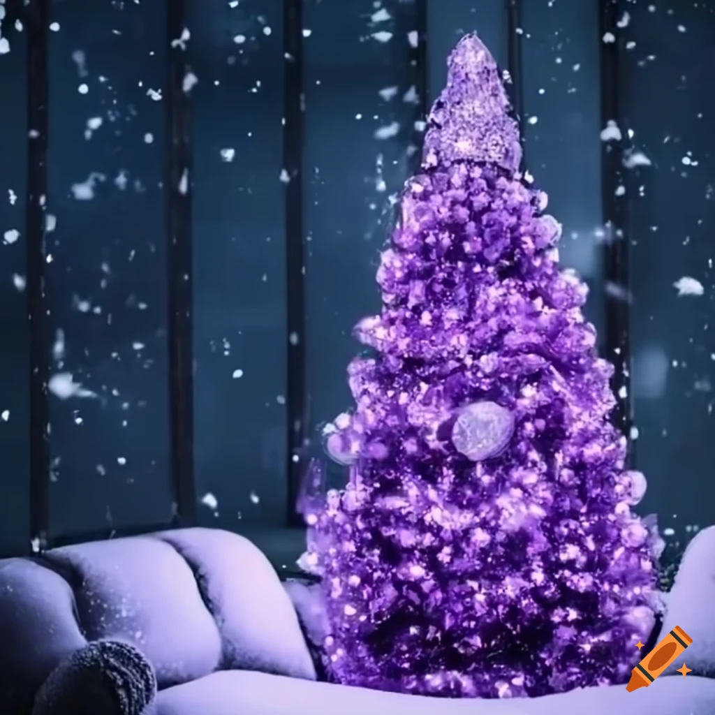 Amethyst Christmas tree beside a sofa chair near a glass snow window