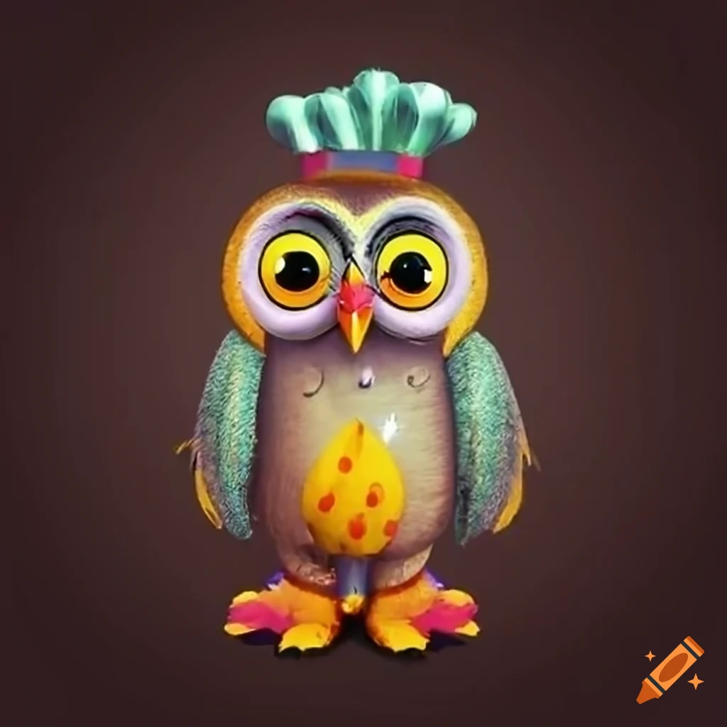 Cartoony animatronic of Sparkle, a wise-looking owl chef