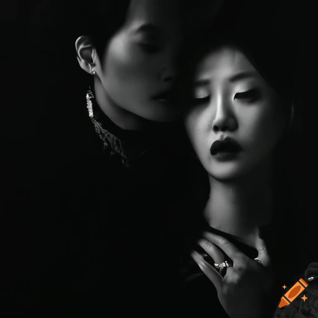 Hyperrealistic dark fashion collage with a couple hugging in a korean