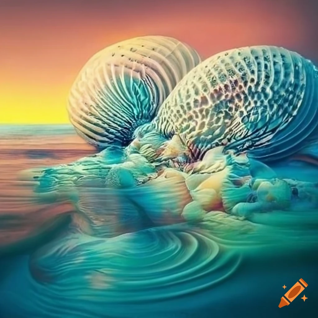 Surreal coastline with multicolored coral hills, glassy seashells, wave surge, exotic flowers, and fantastic clouds