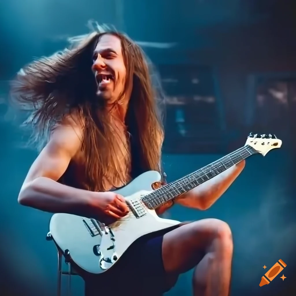 Musician strumming electric guitar on stage in front of cheering crowd