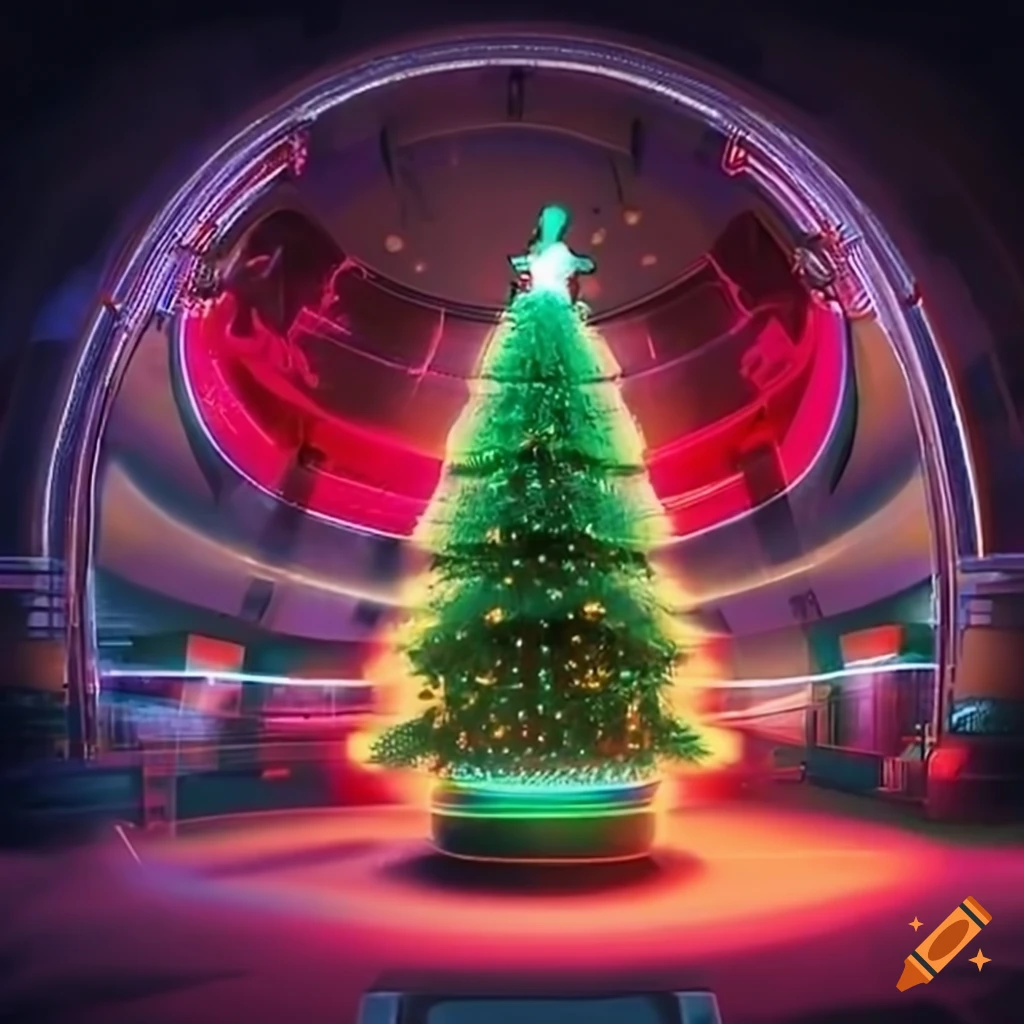 Futuristic factory with a robot welding a holographic christmas tree on  Craiyon