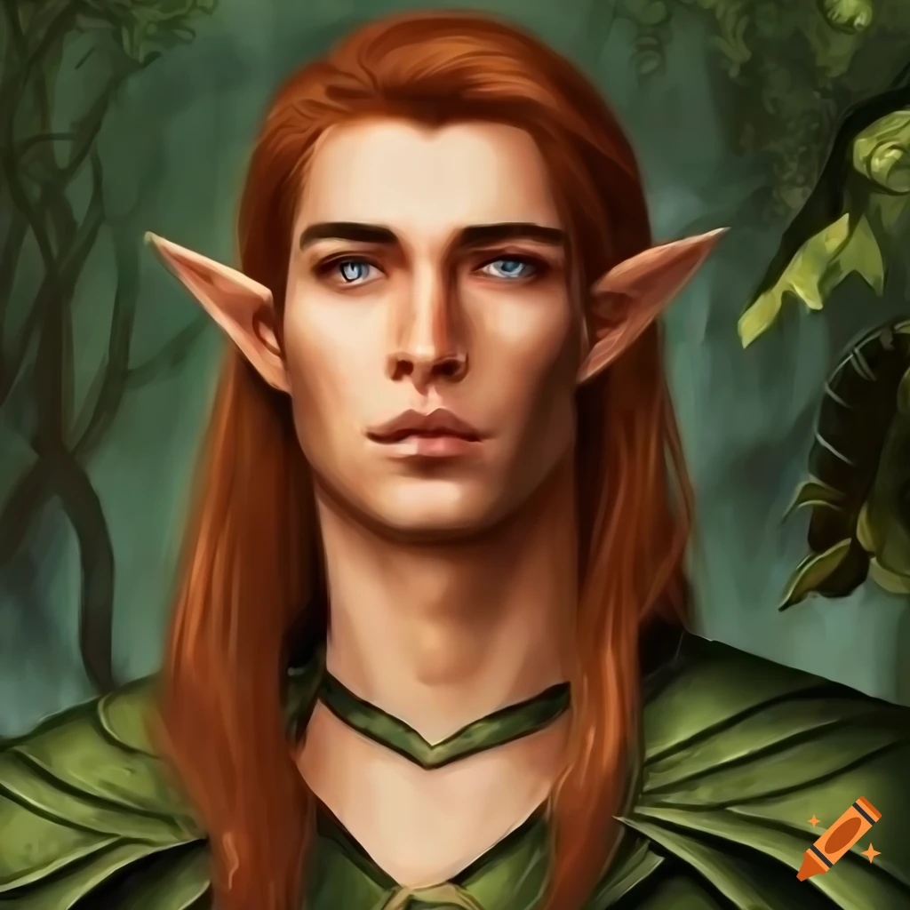 Detailed painting of handsome male elven prince in green leather armor ...