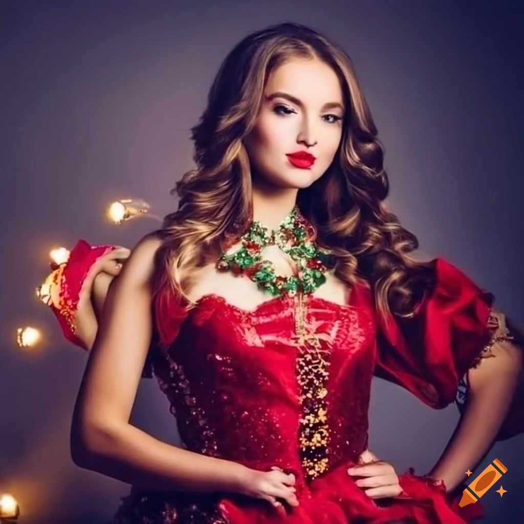 Elegant models in ornate Christmas attire with dramatic lighting