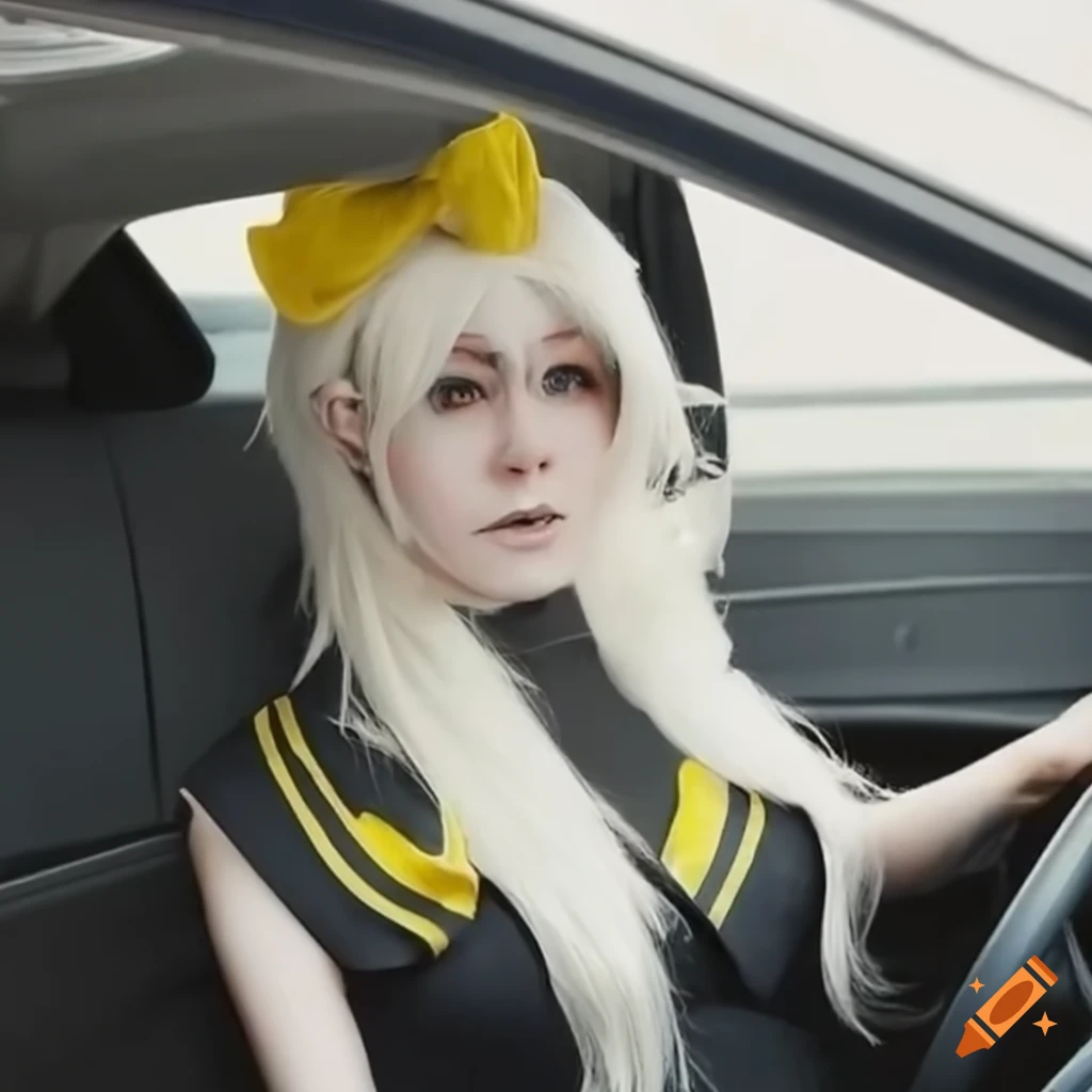 Cosplay meme in a car with white and yellow theme on Craiyon