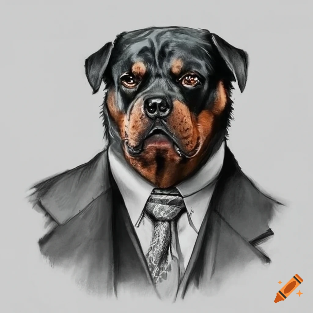 Rottweiler with a fierce demeanor in a suit