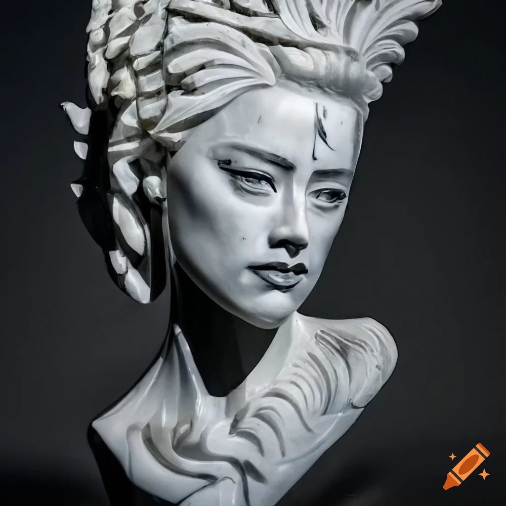 Roughly carved white marble sculpture of a intricately headdressed ...