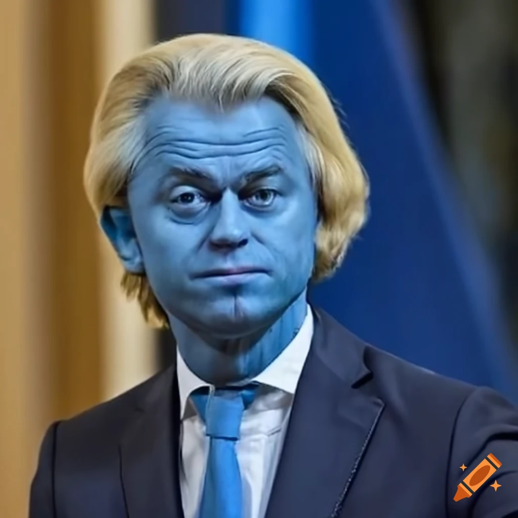 Satirical depiction of Geert Wilders as a blue smurf in the Dutch parliament