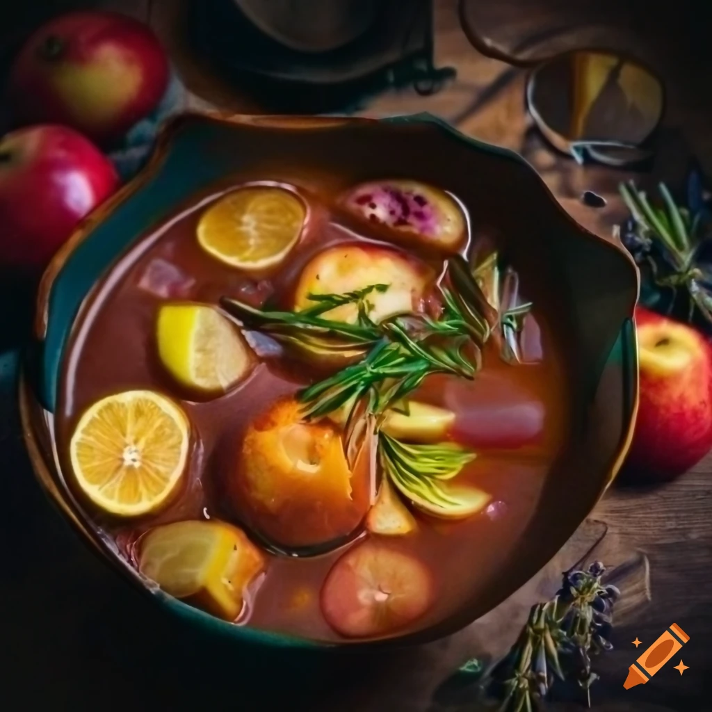 Close-up of a colorful witches stew with lemons, apples, rosemary, and lavender