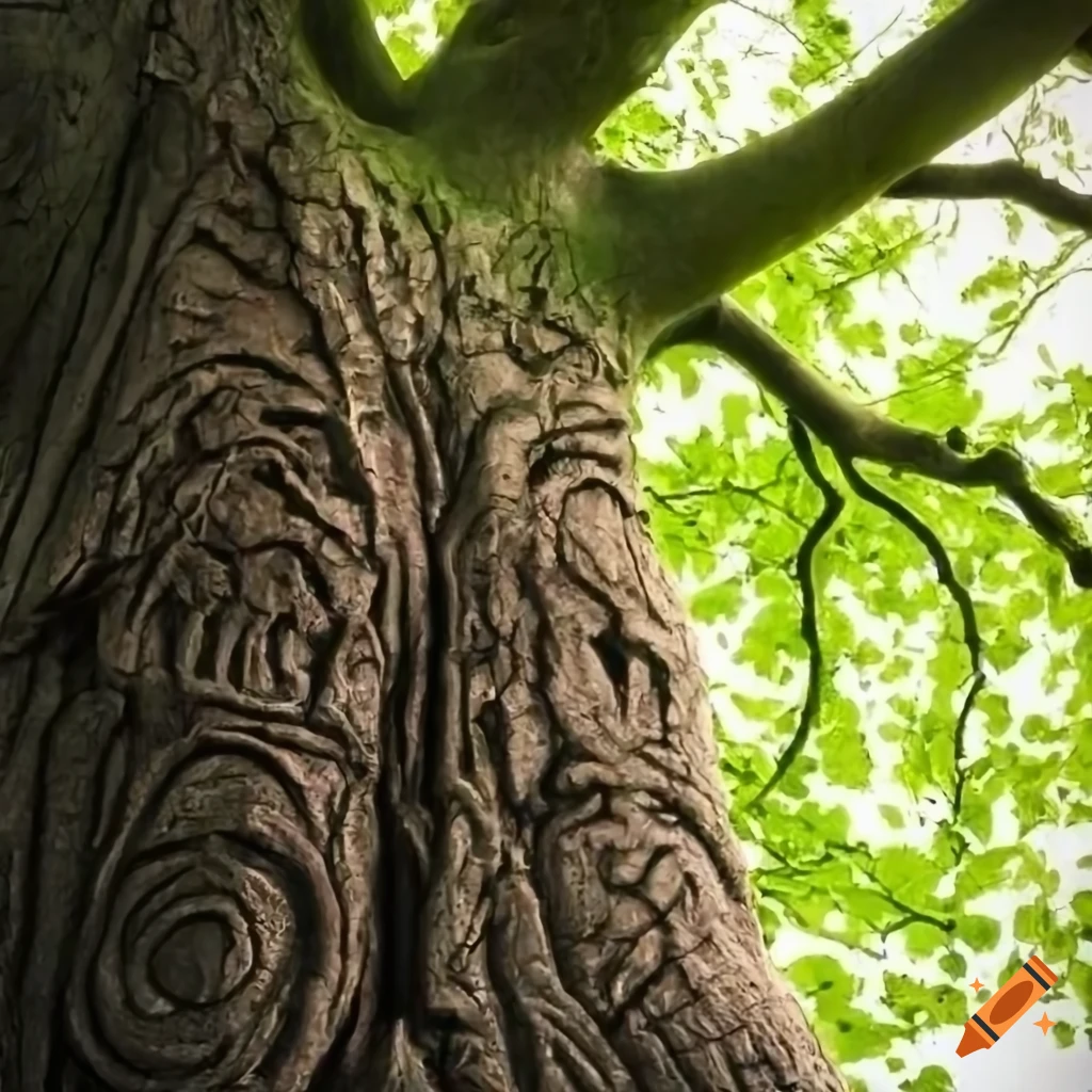 View from below of a densely-branched fig tree with carved runes on its ...