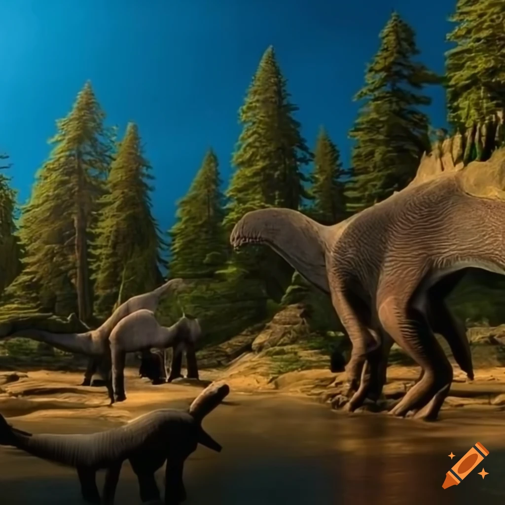 Group of diplodocus walking along the British Columbia coast with forested cliffs in the morning