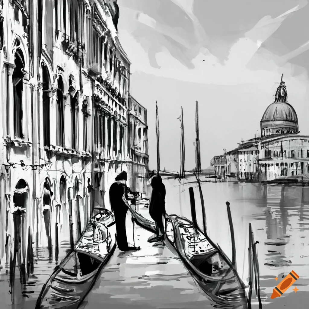Black and white sketch of a man and woman in Venice near the Grand Canal