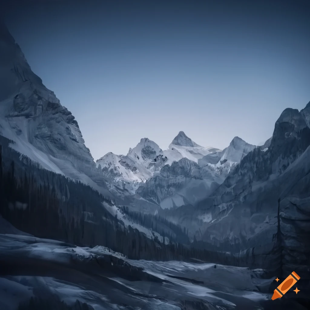 Jagged snow capped mountains with a ruin nestled below on Craiyon