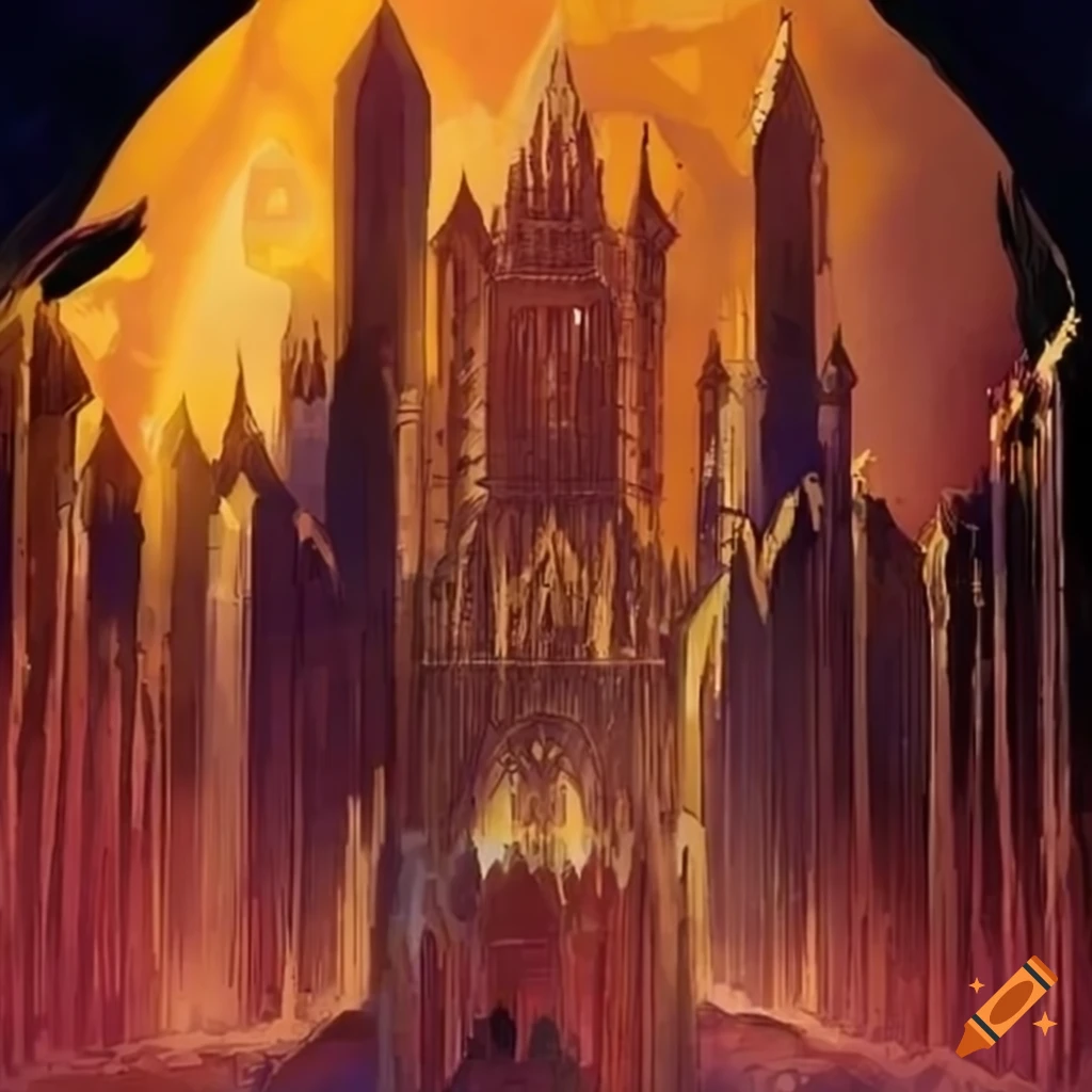 Mysterious energy emanating from temple spires in comic book style