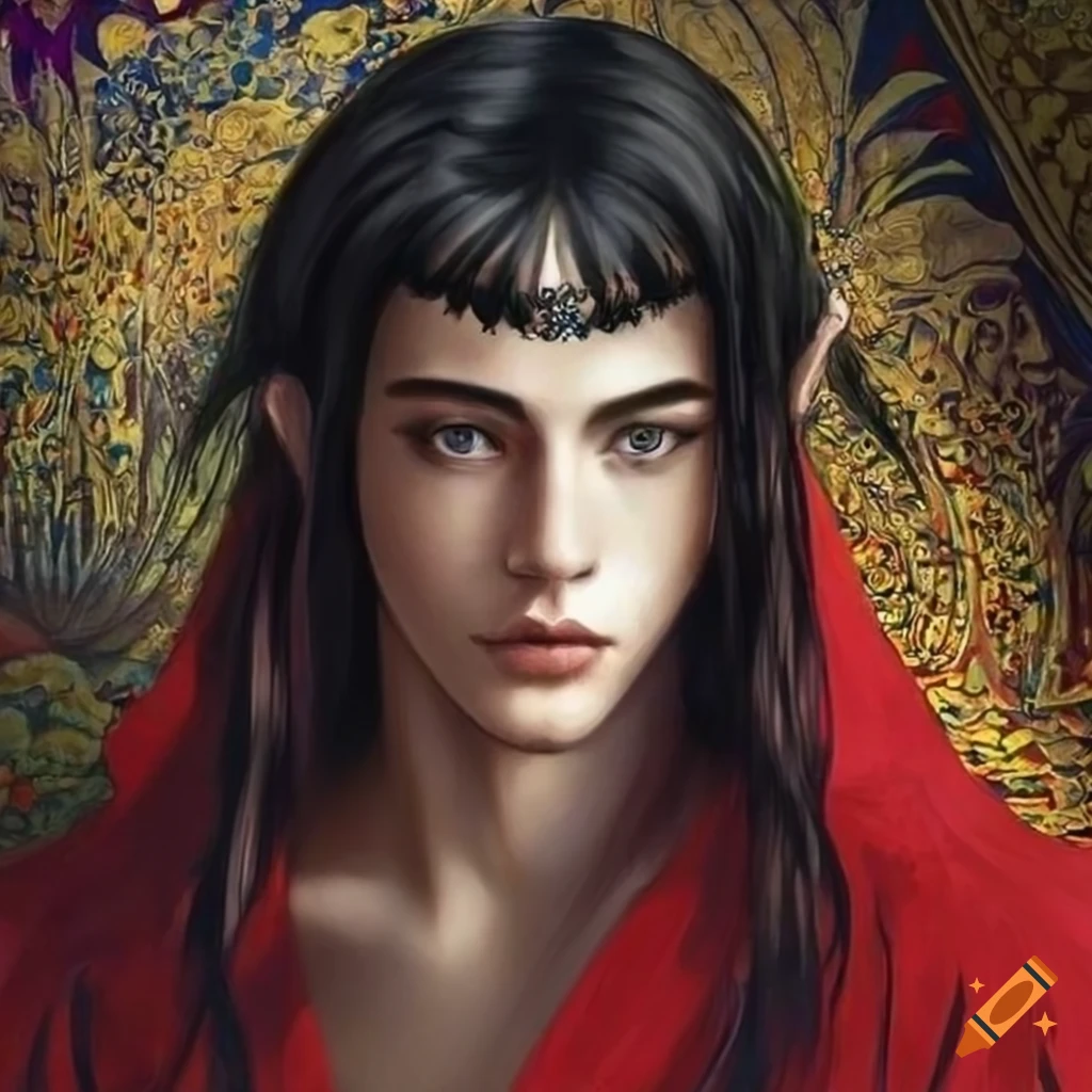 Gustav Klimt inspired poster of a young male elven prince in a red robe ...