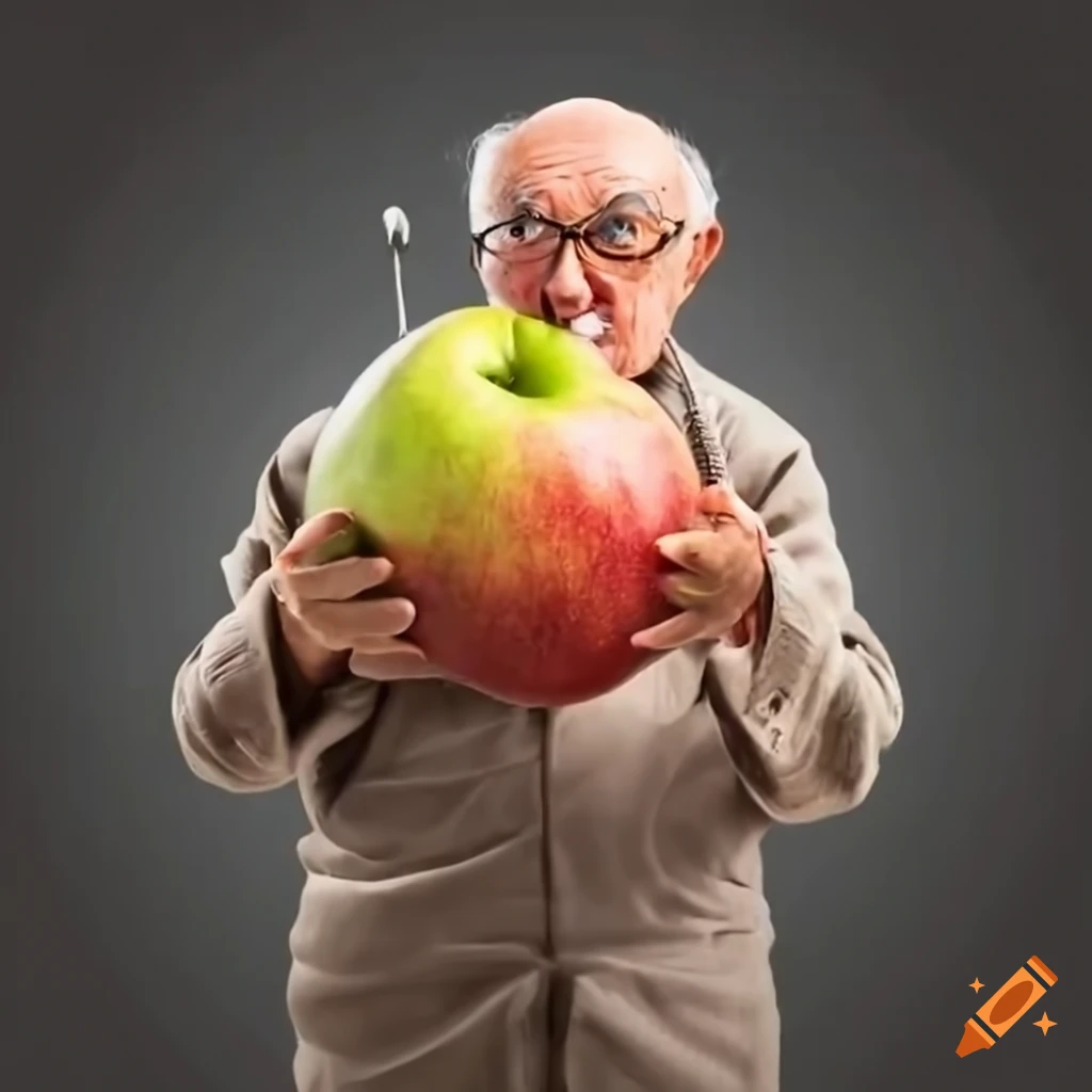 Elderly man holding a large apple and a radio