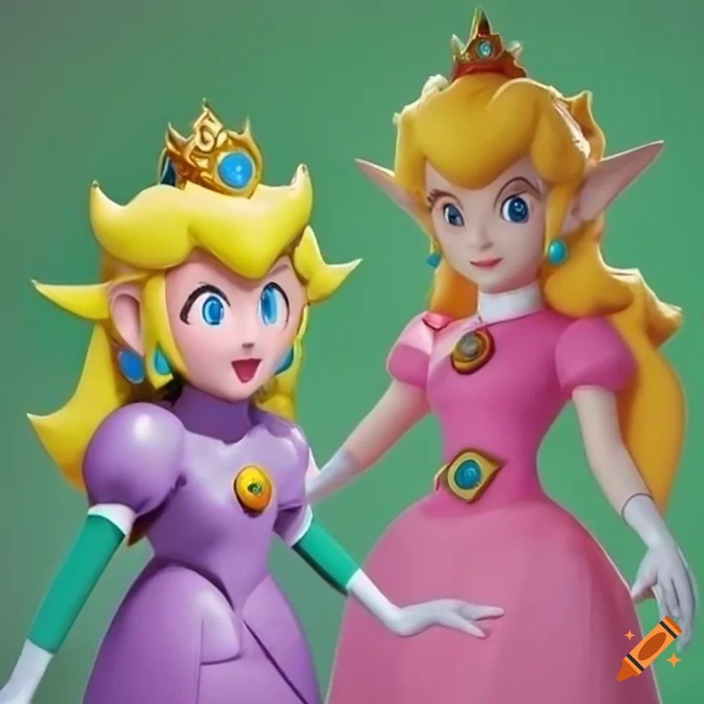 Princess peach and link in swapped costumes in a studio photo on Craiyon