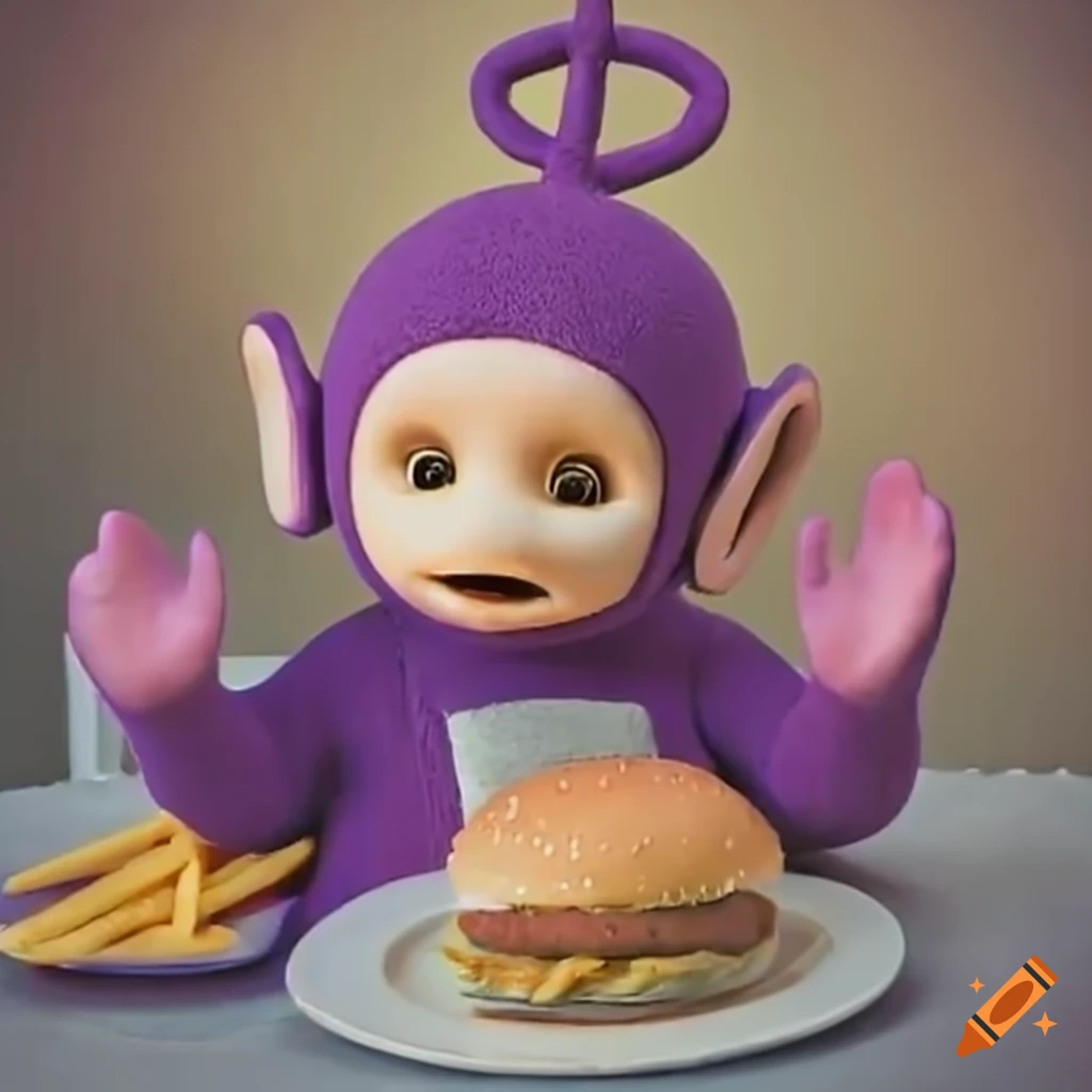 Teletubbies enjoying burgers and fries in a diner