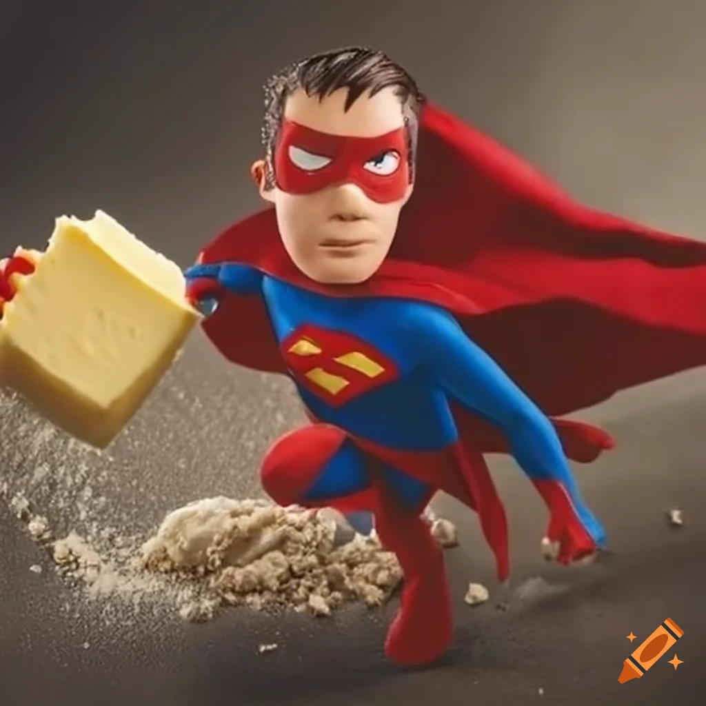 Butter superhero battling flour in a whimsical scene on Craiyon