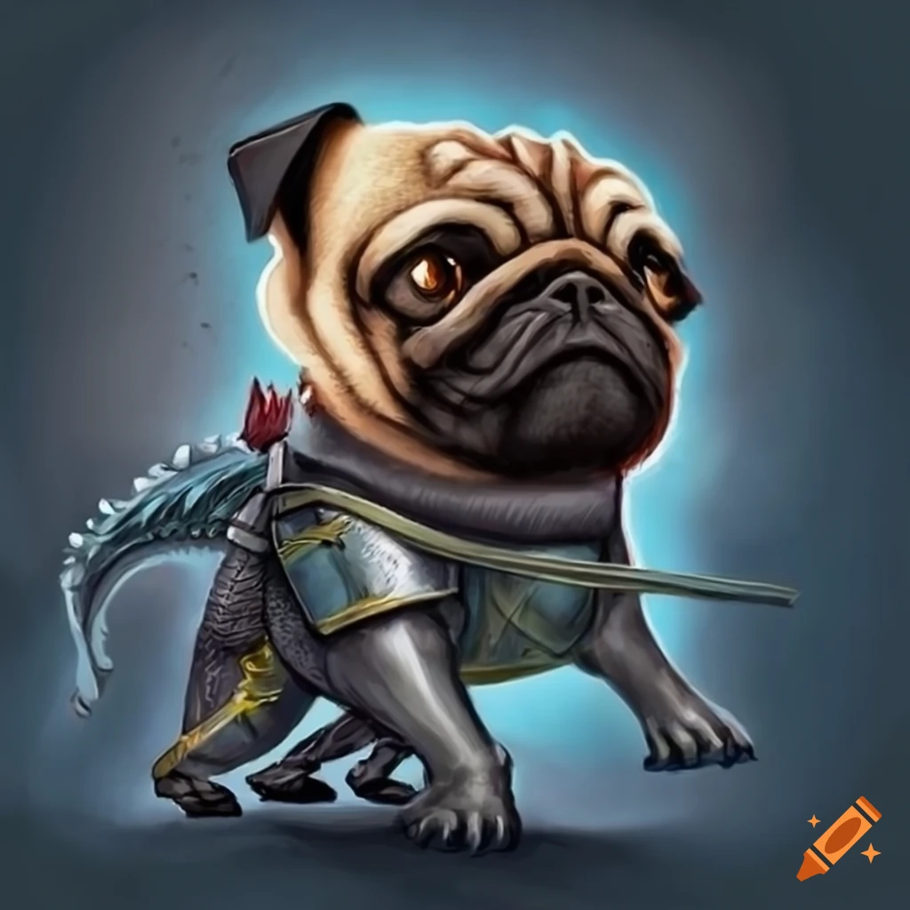 Pug dressed as a knight battling a dragon in a whimsical scene on Craiyon