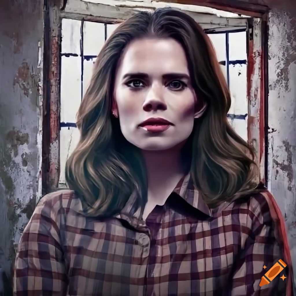 Actress hayley atwell lookalike in country plaid shirt and high-waist ...