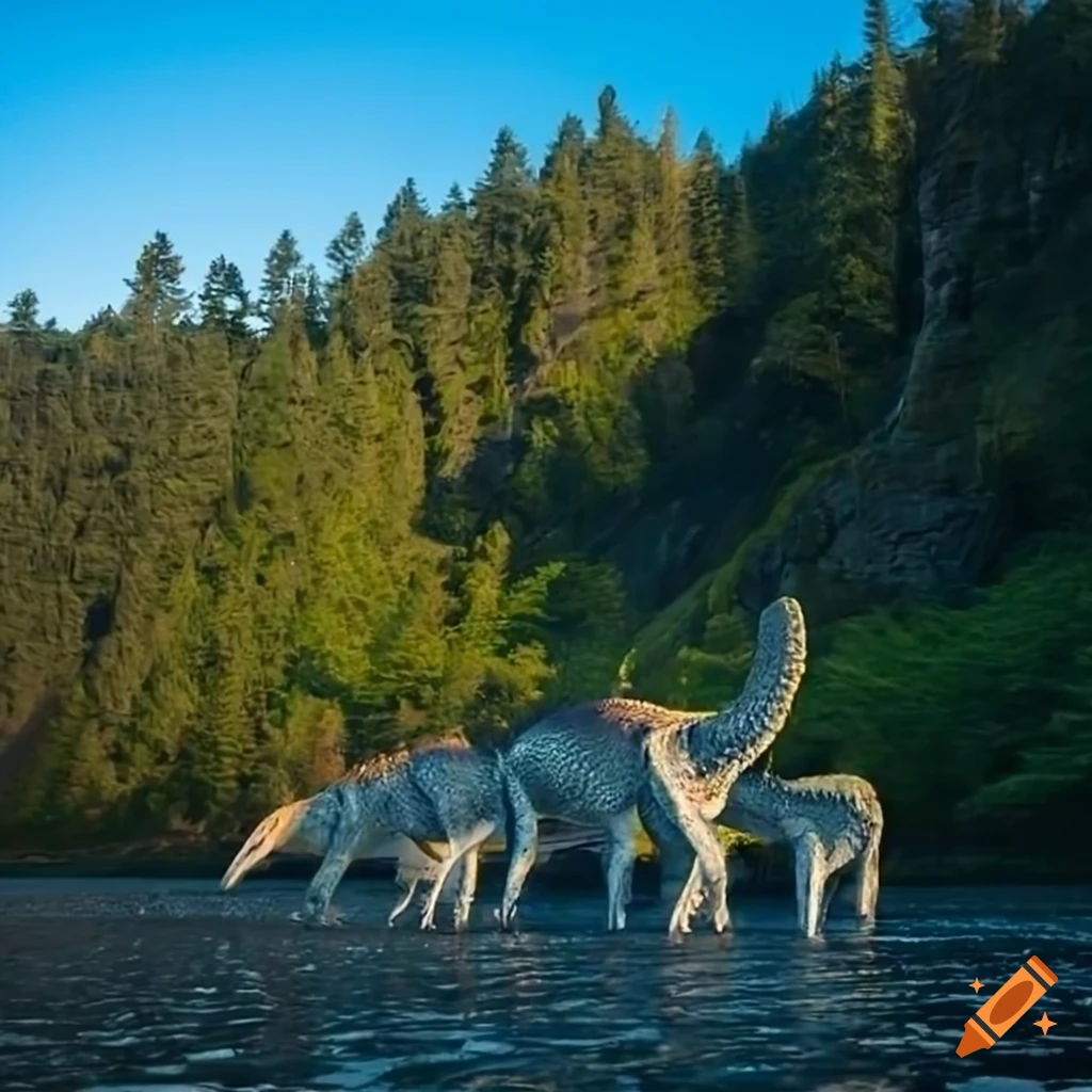 Group of diplodocus walking along the British Columbia coast with forested cliffs in the morning