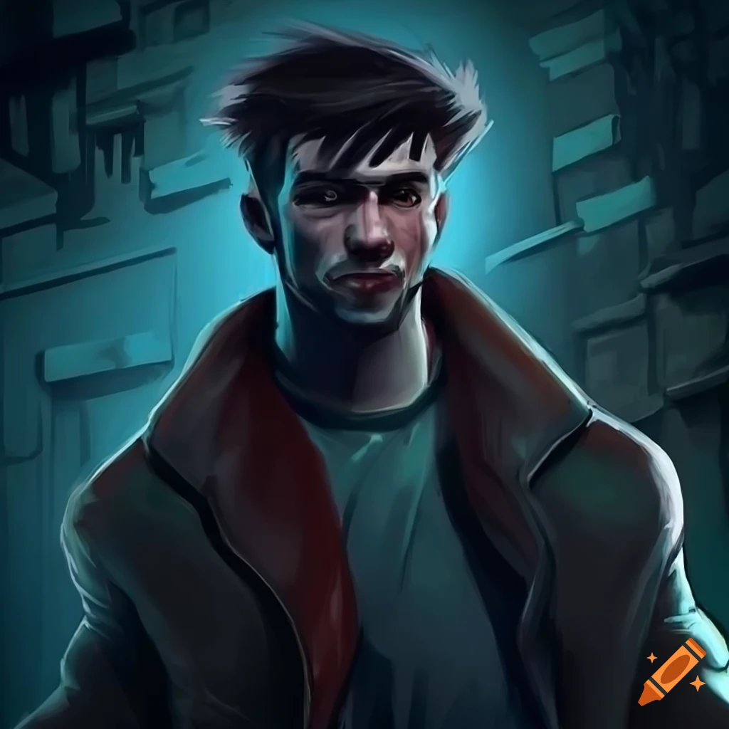 Detailed dark alleyway with an unshaven man in his 20s