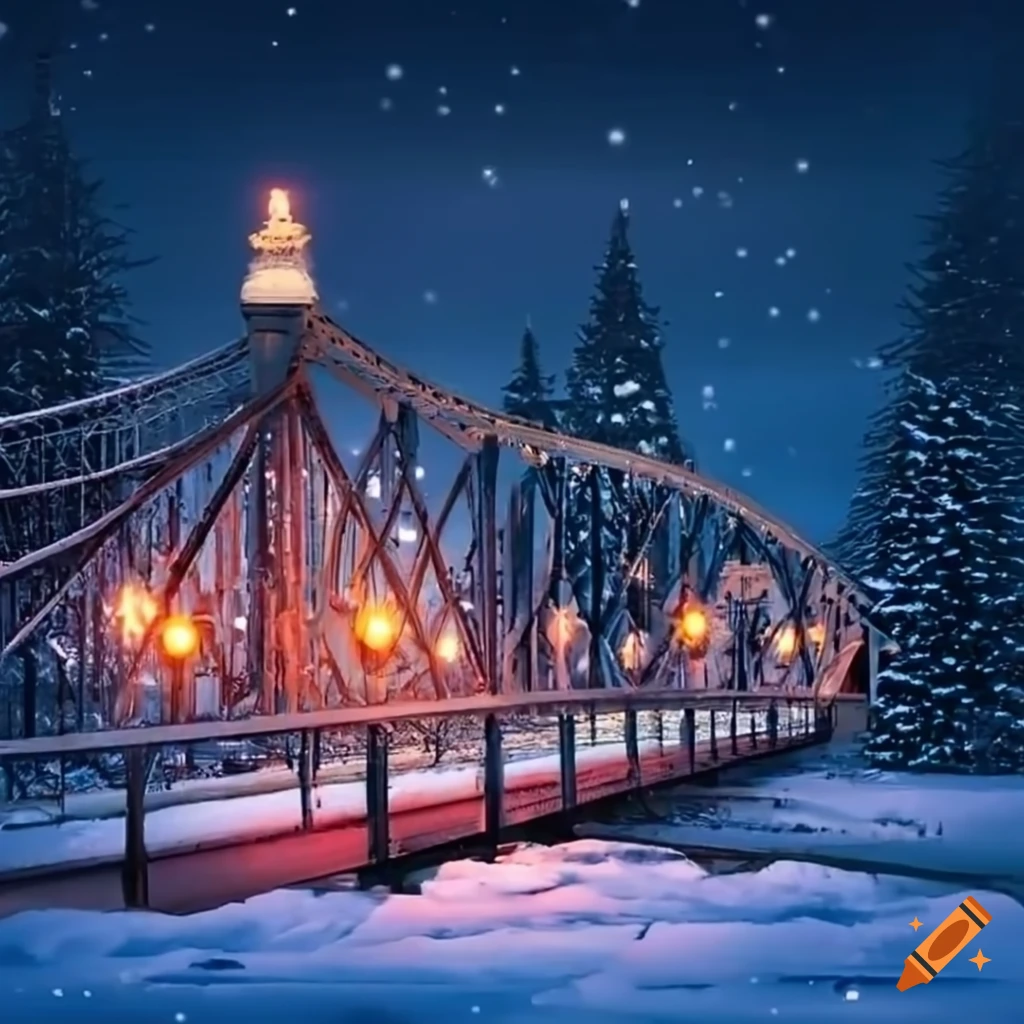 Beautiful steel bridge in winter with christmas elements and santa