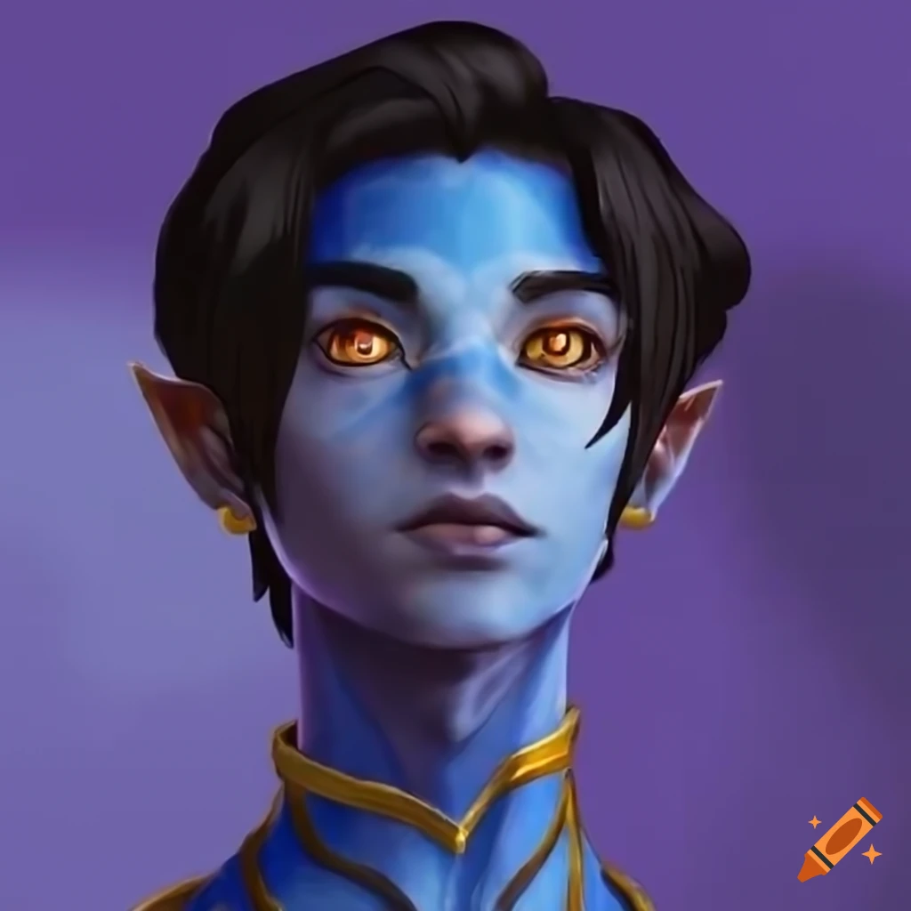 Handsome young avatar with periwinkle skin, dark hair, and vibrant orange eyes