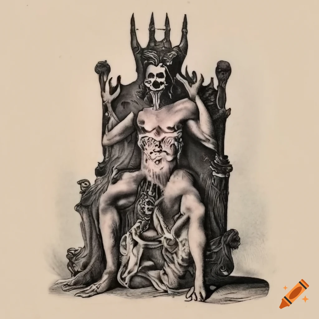 Detailed black and white representation of Satan sitting on a throne of bones
