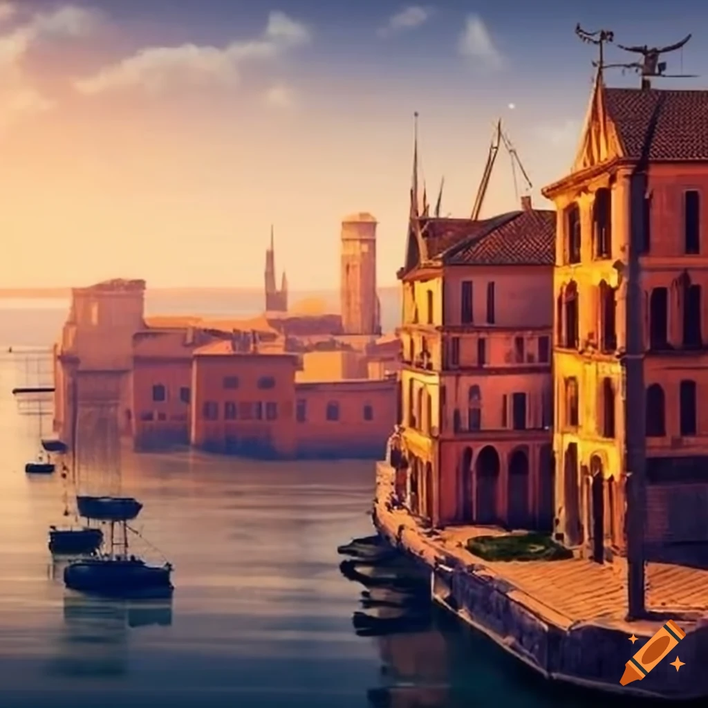 Roman style buildings near a harbor of ships