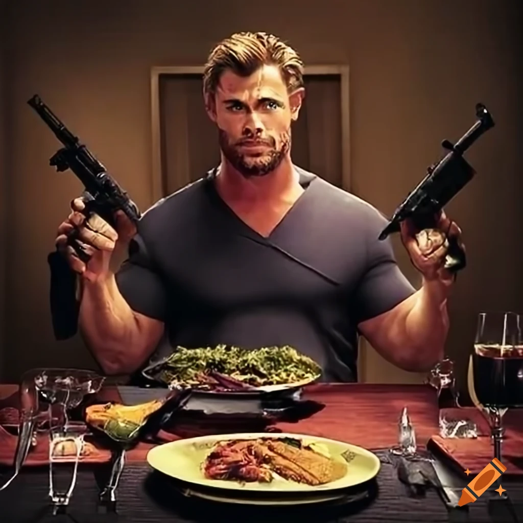 Chris hemsworth battling an evil dinner plate with a gun on Craiyon
